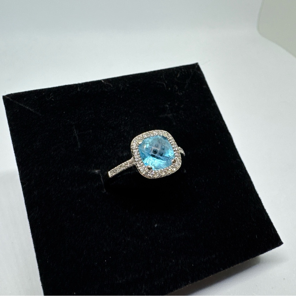14k White Gold Cushion Checker Board Blue Topaz & Halo Diamond Ring Sz 6.75 2.7g